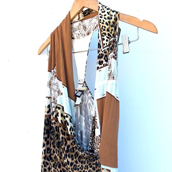 Vintage Roberto Cavalli Y2K Leopard Patchwork Halter Mini Dress 42 Size 8 - Picture 4 of 10